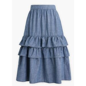 J. Crew Chambray Tiered Ruffle Midi‎ Skirt Blue Cotton Cottagecore Size XL